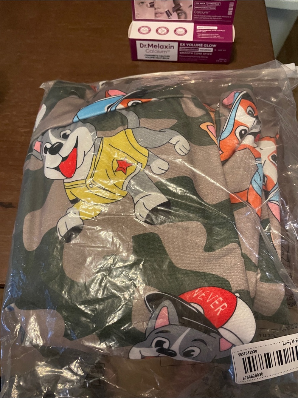 Camo Cartoon Puppy sweat shirt and sweat pants - Green, Gray, Yellow, Orange